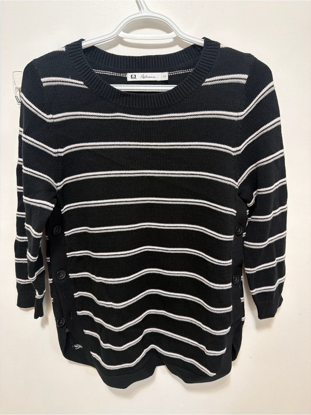 Reitmans Black and White Striped Crewneck Sweater with Side Buttons